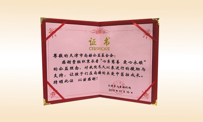 2019年1月-玩球体育公益基金会荣获-天津市儿童福利院颁发的荣誉证书
