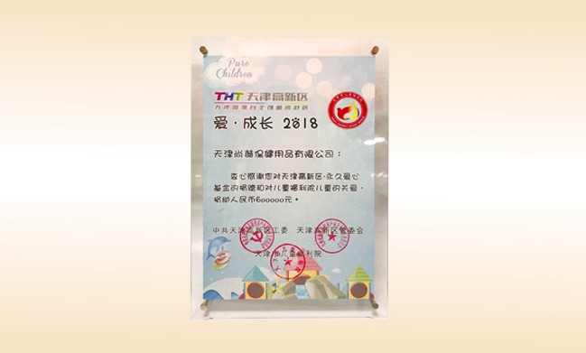 2018年6月-玩球体育公司荣获-天津高新区·永久爱心基金捐赠证书